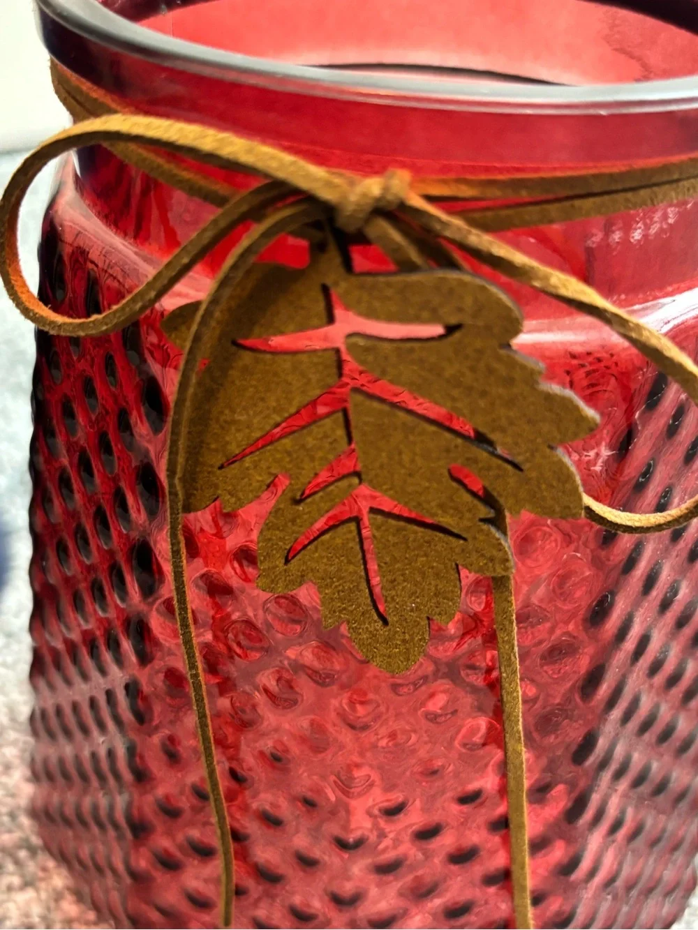 Red Textured Glass Vase with Suede Leaf Accent